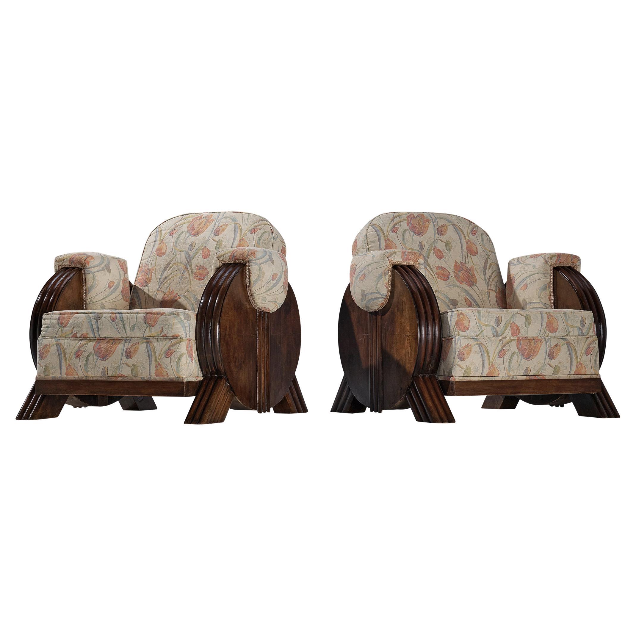 Italian Art Deco Pair of Lounge Chairs in Floral Upholstery and Wood
