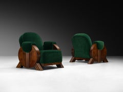 Italian Art Deco Pair of Lounge Chairs in Forest Green Mohair by Pierre Frey