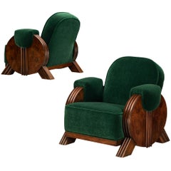Italian Art Deco Pair of Lounge Chairs in Forest Green Mohair by Pierre Frey