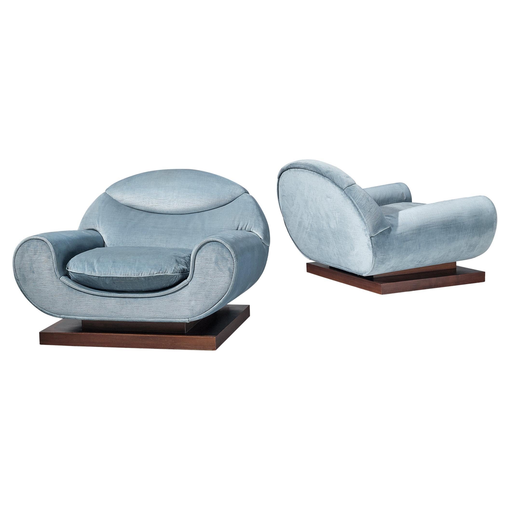Italian Art Deco Pair of Lounge Chairs in Light Blue Velvet 