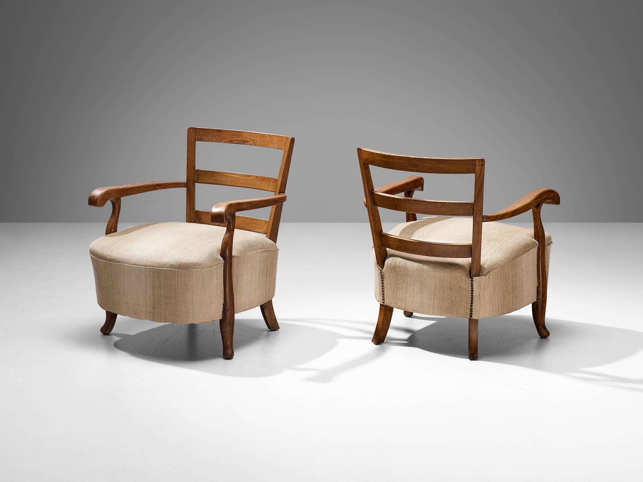 Fabric Italian Art Deco Pair of Lounge Chairs in Oak