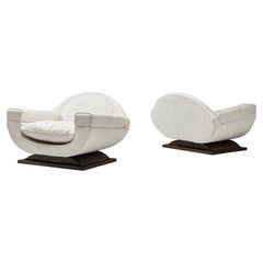 Italian Art Deco Pair of Lounge Chairs in Off-White Yellow Upholstery