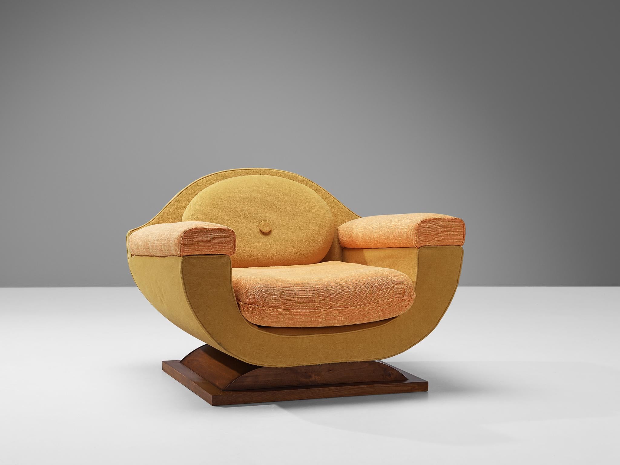 Paar italienische Art-Déco-Loungesessel mit orange-gelber Polsterung  (Art déco) im Angebot