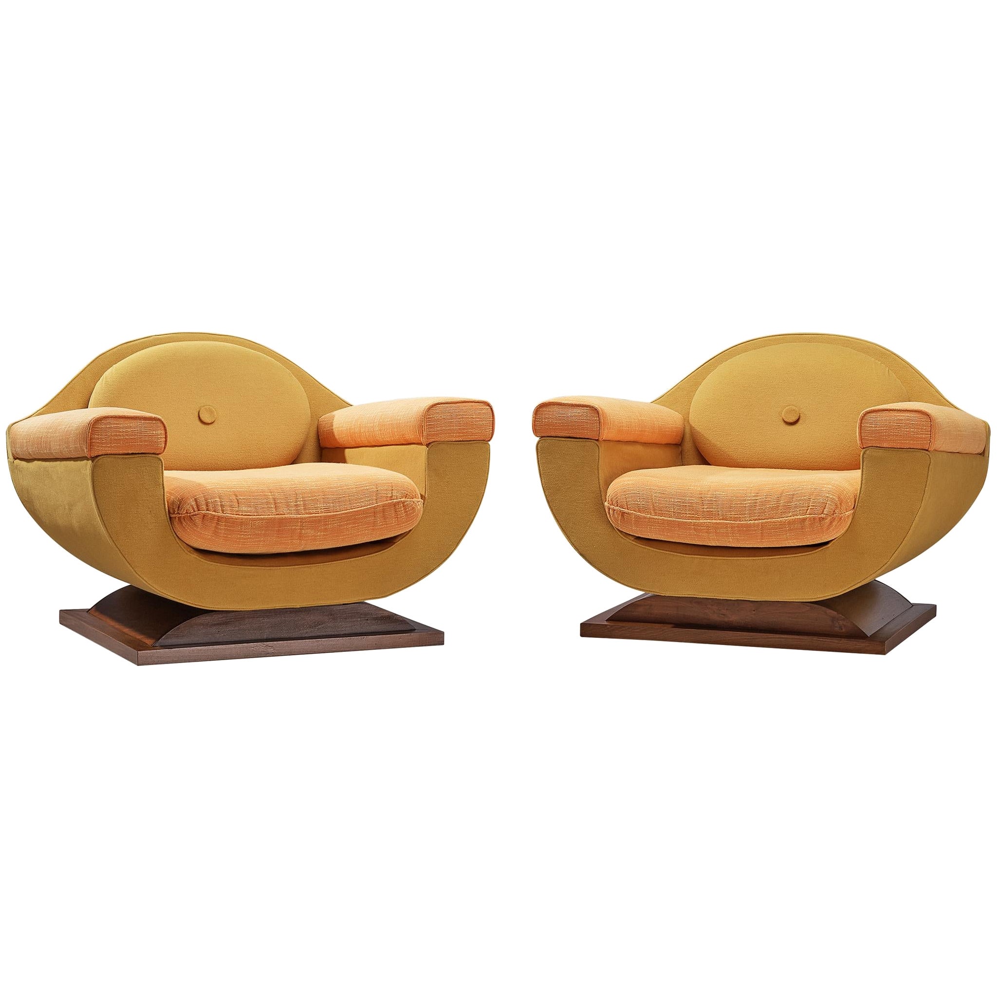 Paire de chaises longues italiennes Art Déco en tapisserie jaune orange en vente