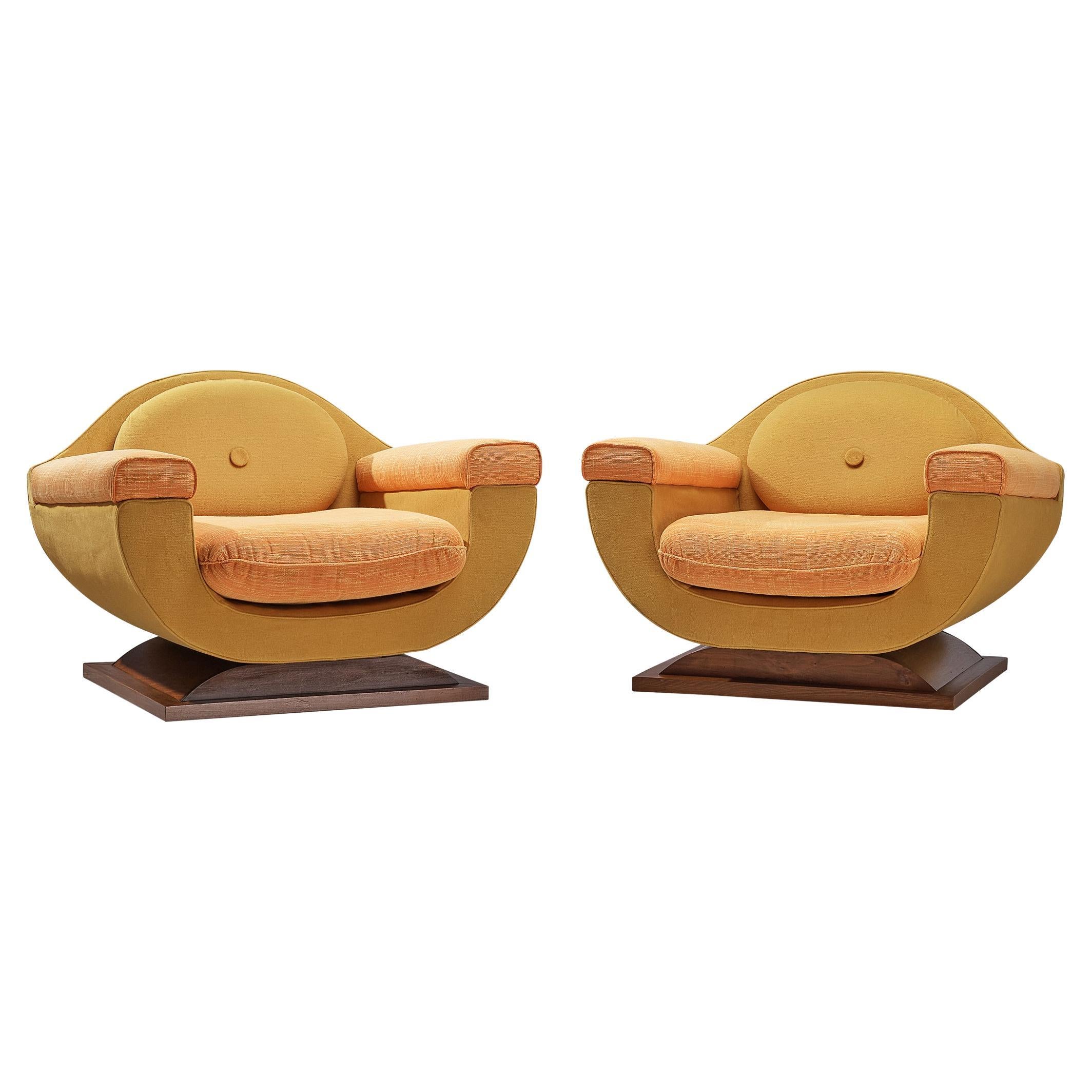 Italian Art Deco Pair of Lounge Chairs in Orange Yellow Upholstery 