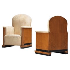 Italian Art Deco Pair of Lounge Chairs in Teak and Off-White Silk Moiré