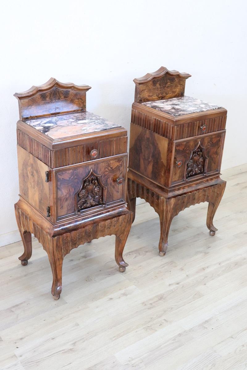 Rare and fine quality Italian Art Deco pair of nightstands, 1920s. The nightstands are in precious walnut briar.
Large useful space, equipped with a practical drawer. Characterized by a particular shape and decorative elements with refined