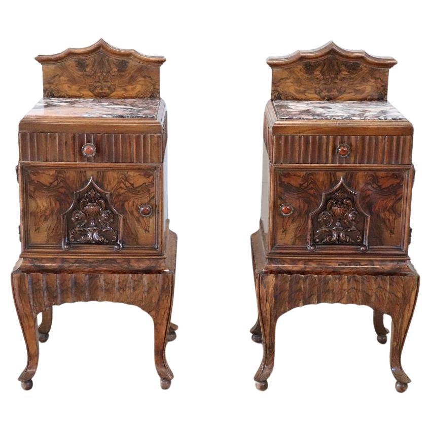 Italian Art Deco Pair of Nightstands with Marble Top For Sale