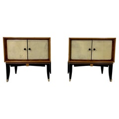 Italian Art Deco Pair of Parchment, Maple and Walnut Briar Nightstands, 1940s