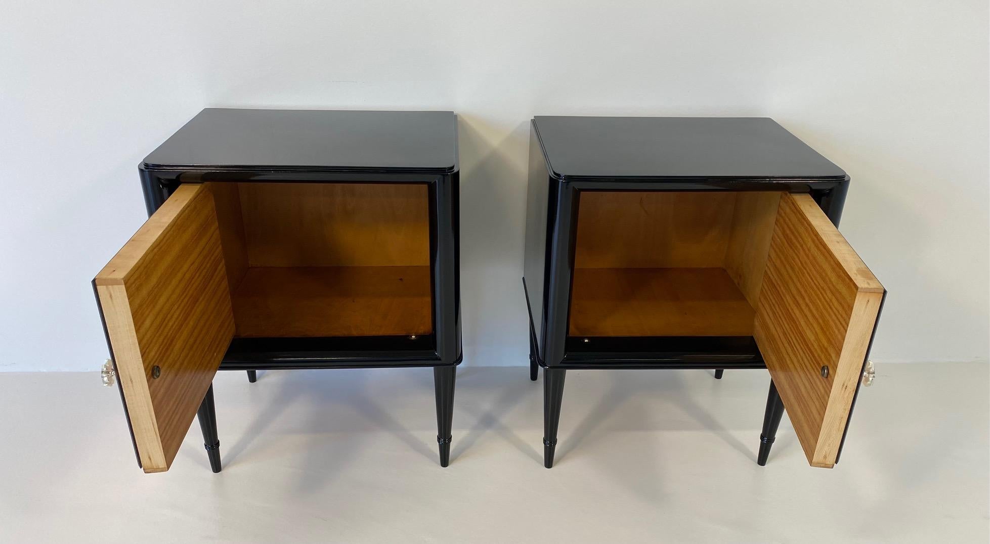 Italian Art Deco Pair of Rose Mirror and Black Lacquer Nightstands, 1950s 5