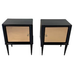 Italian Art Deco Pair of Rose Mirror and Black Lacquer Nightstands, 1950s