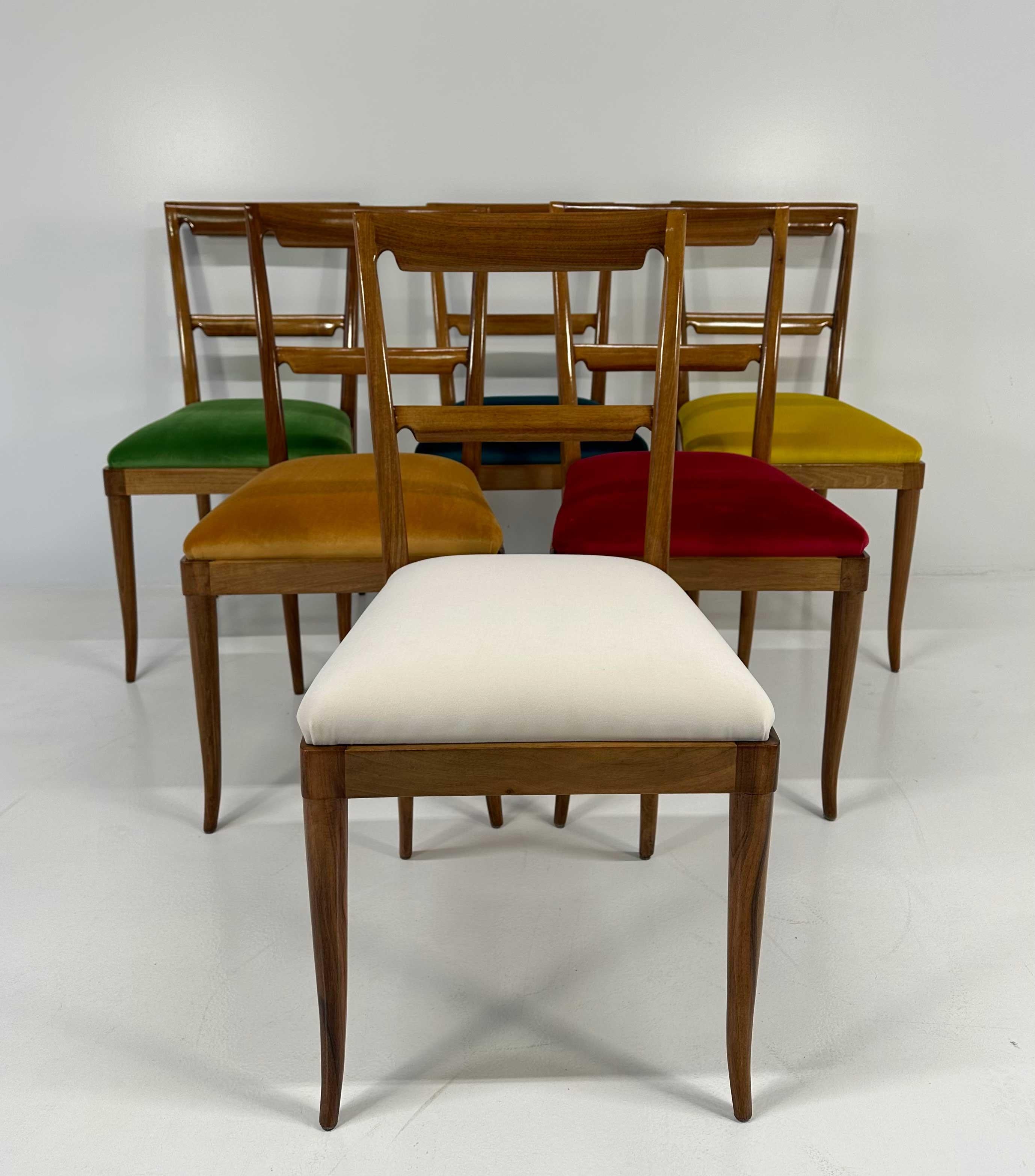 This set of six Art Deco chairs was produced in Italy in the end of the 1940s with a design by Paolo Buffa. 
They have been restored and reupholstered with a fine colored velvet. The structure is in walnut. 