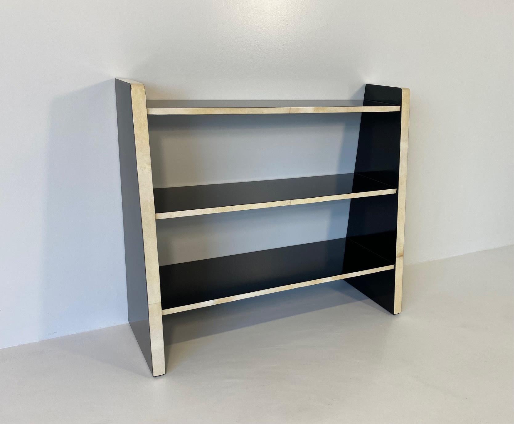 Late 20th Century Italian Art Deco Parchment and Black Lacquer Bookcase For Sale