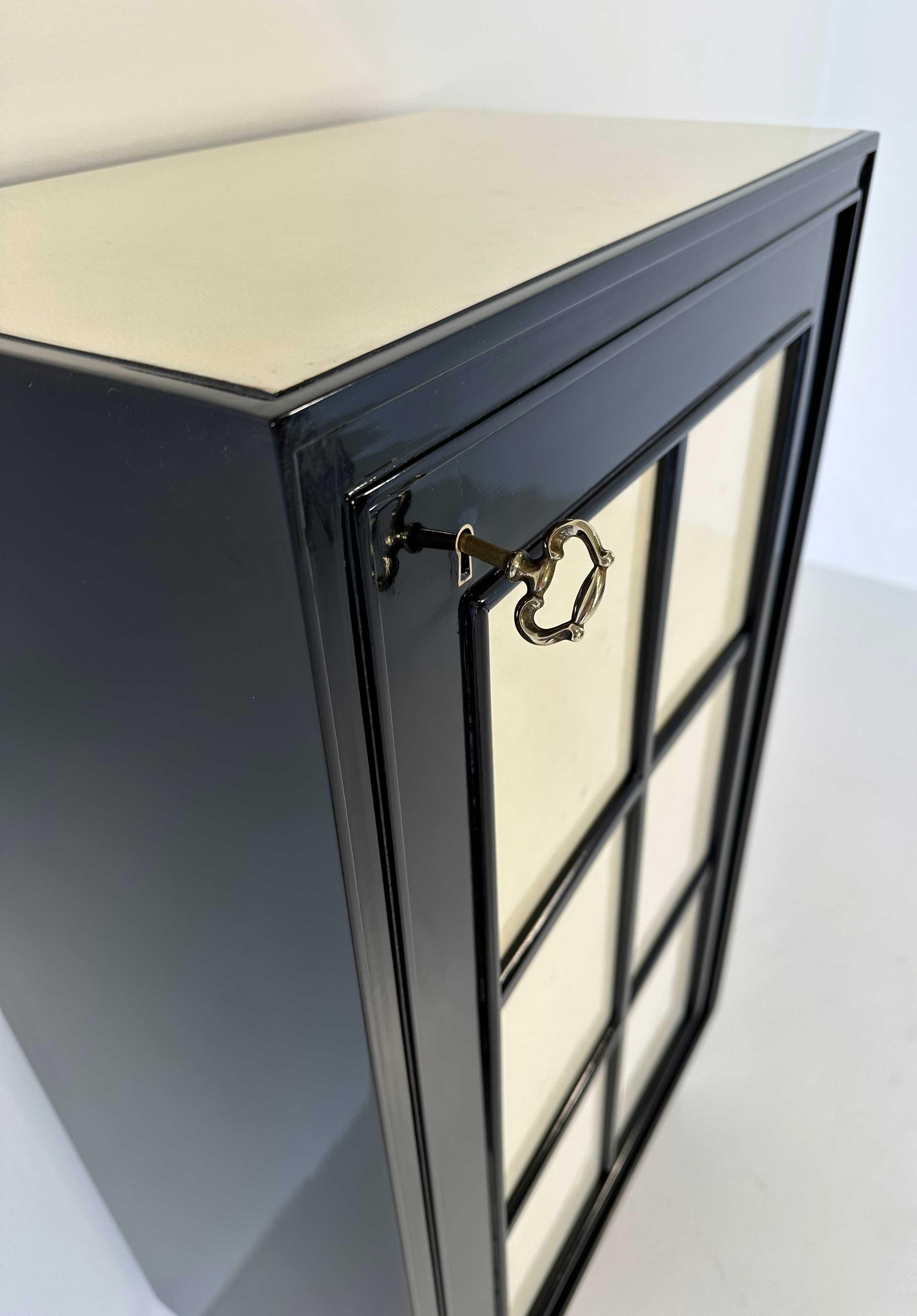 Brass Italian Art Deco Parchment and Black Lacquer Cabinet, 1940s For Sale