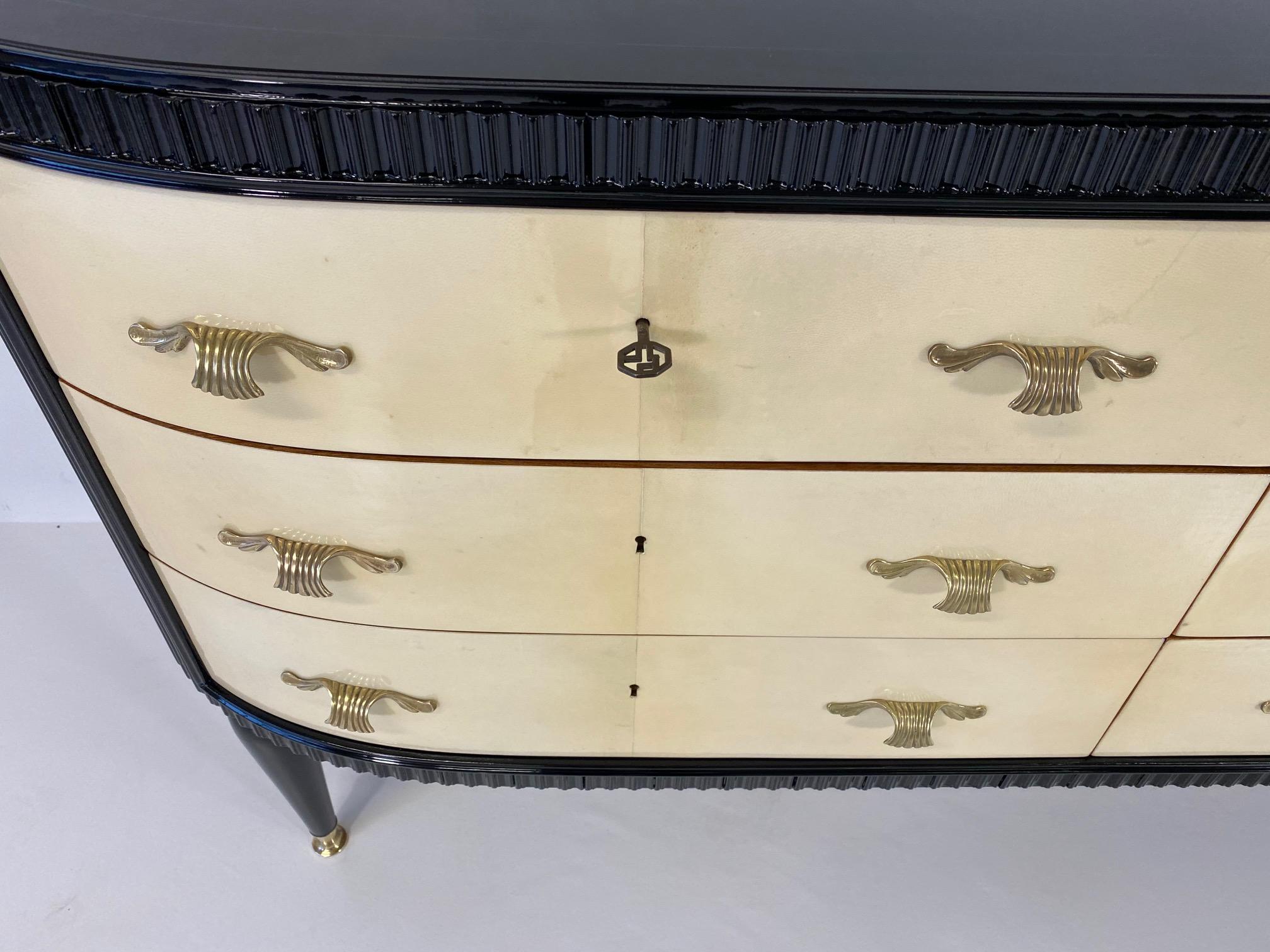 Brass Italian Art Deco Parchment and Black Lacquer Dresser, 1940s