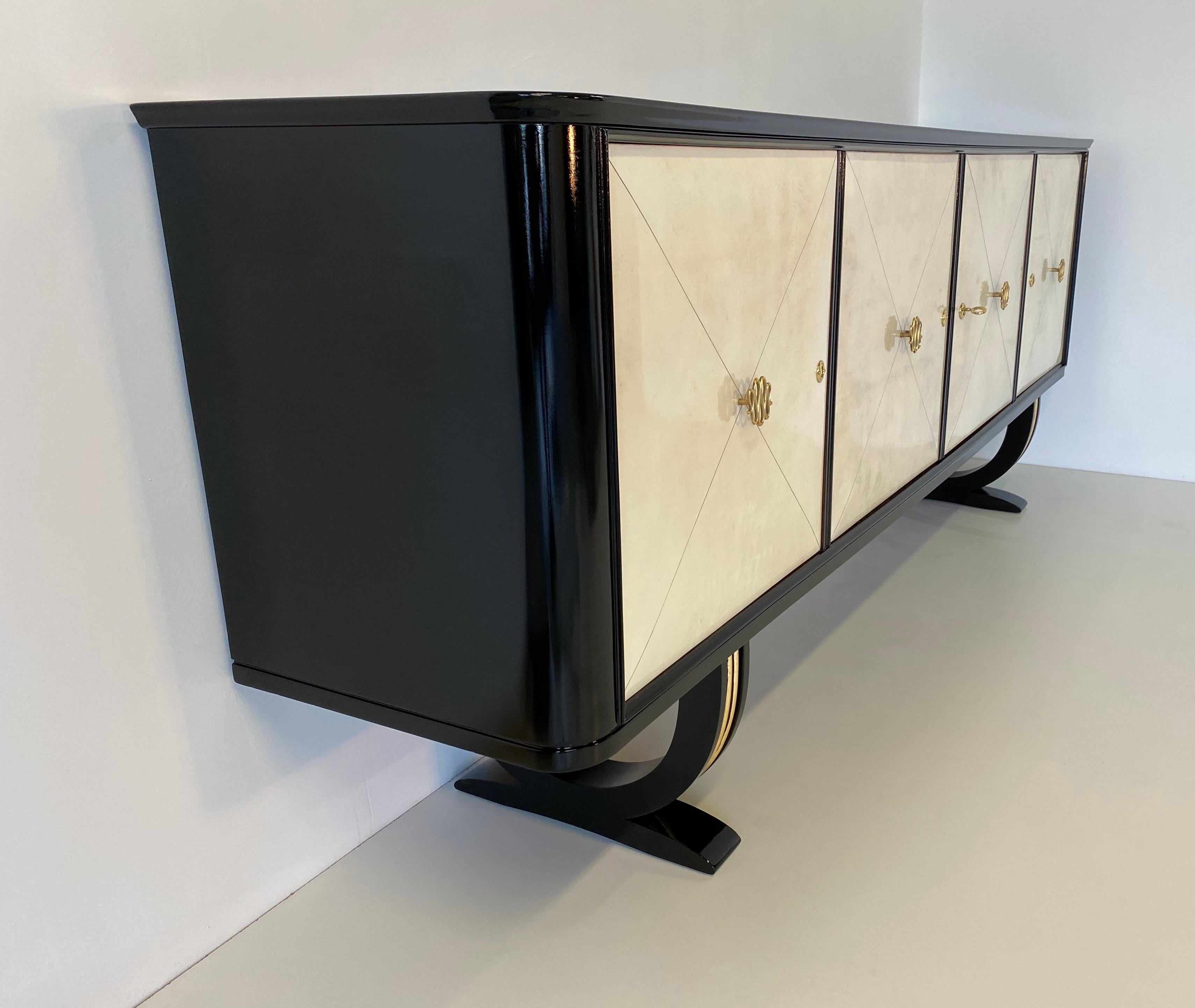 Mid-20th Century Italian Art Deco Parchment and Brass Sideboard, 1940s