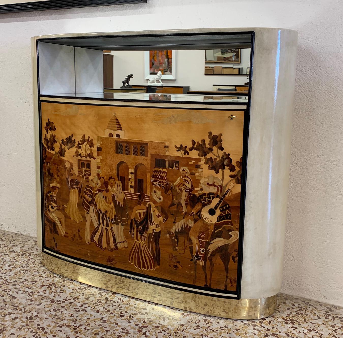 Mid-20th Century Italian Art Deco Parchment and Inlaid Cabinet by Vittorio Dassi, 1940s