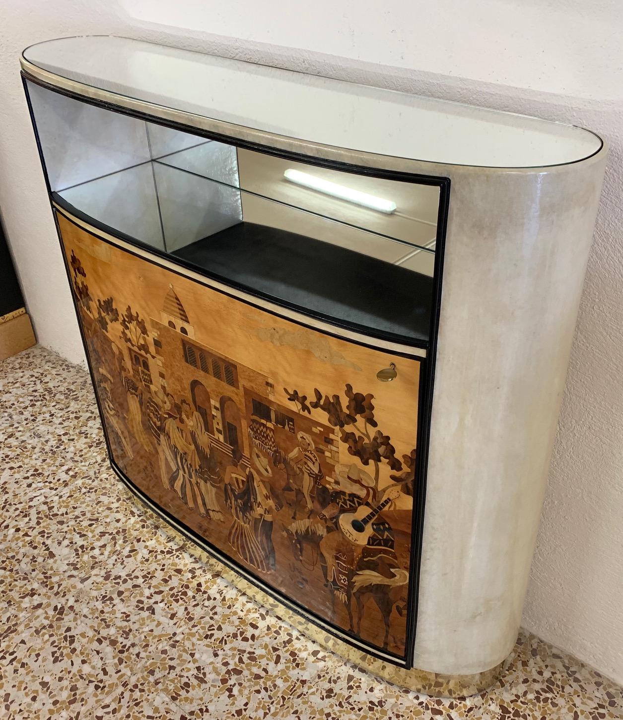 Mirror Italian Art Deco Parchment and Inlaid Cabinet by Vittorio Dassi, 1940s