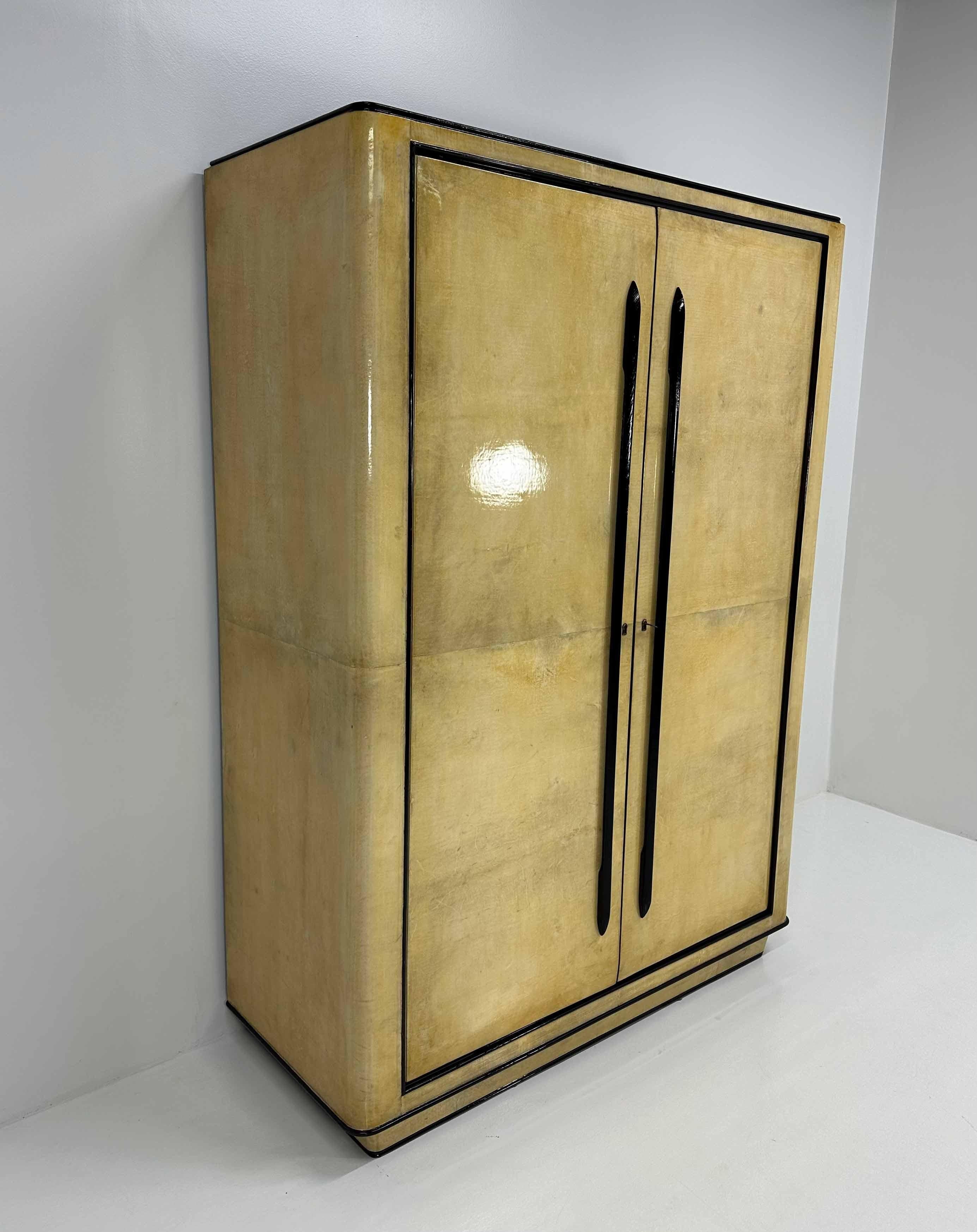 Mid-20th Century Italian Art Deco Parchment and Walnut Dye Armoire, att. to Ulrich, 1930s For Sale