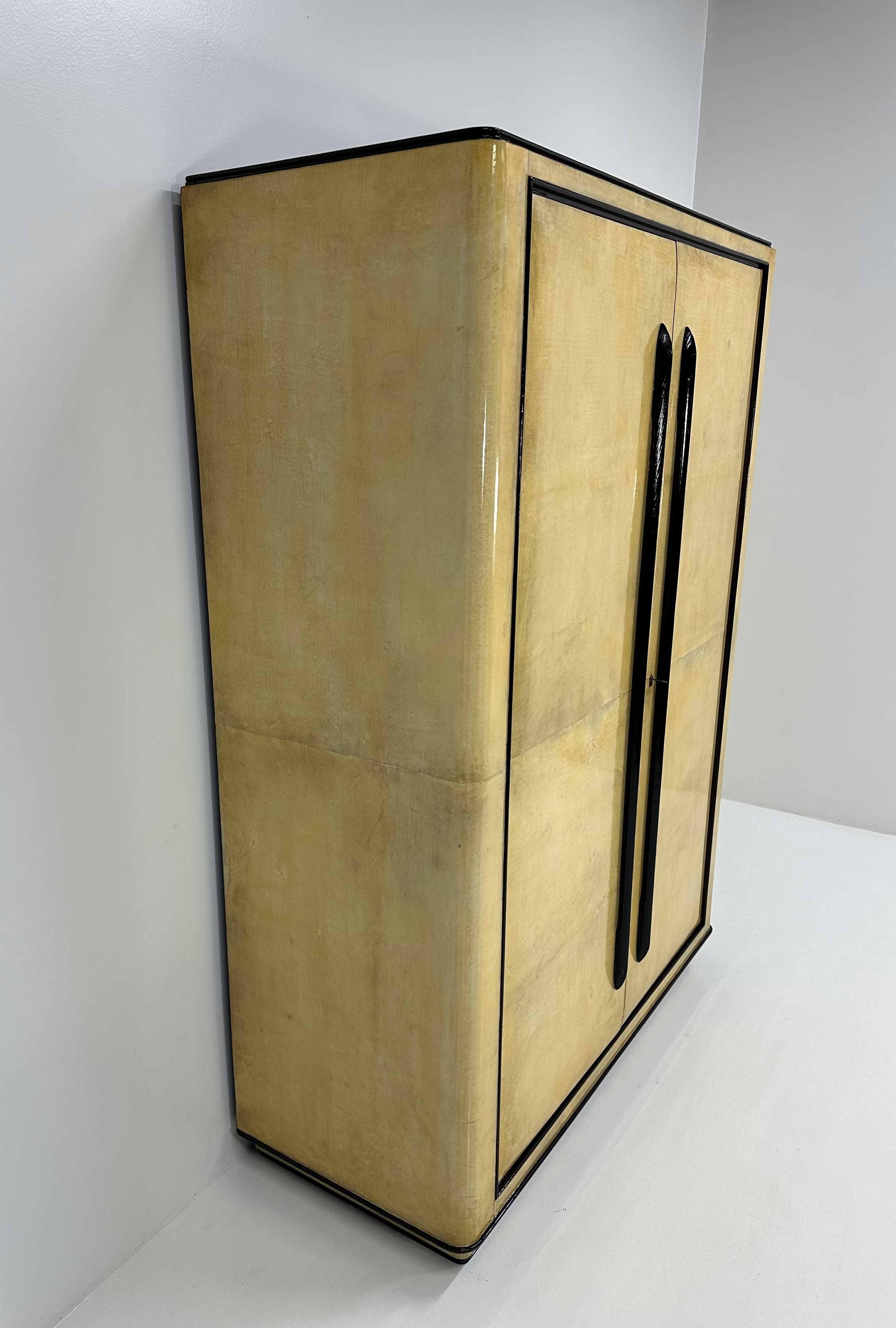 Maple Italian Art Deco Parchment and Walnut Dye Armoire, att. to Ulrich, 1930s For Sale
