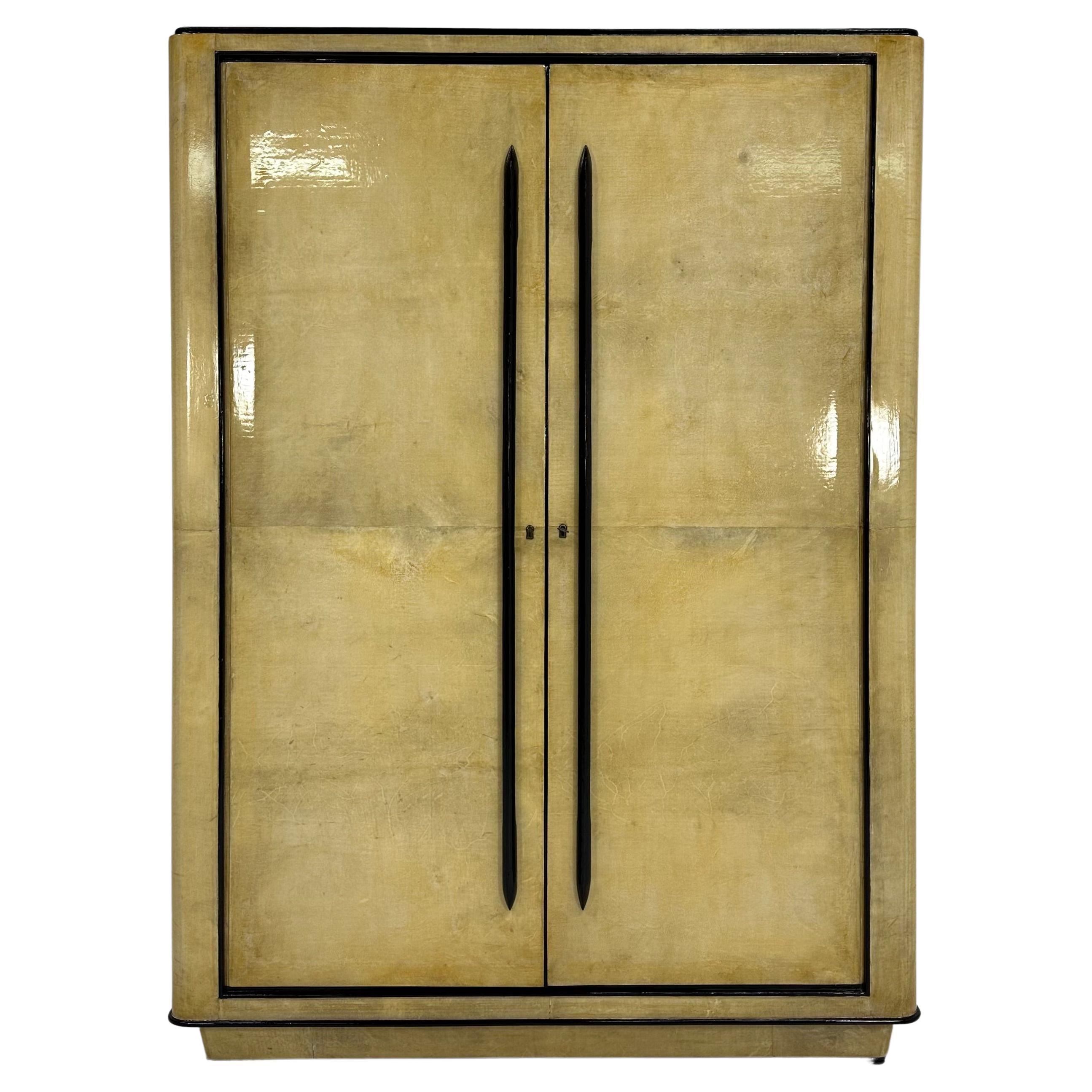 Italian Art Deco Parchment and Walnut Dye Armoire, att. to Ulrich, 1930s For Sale