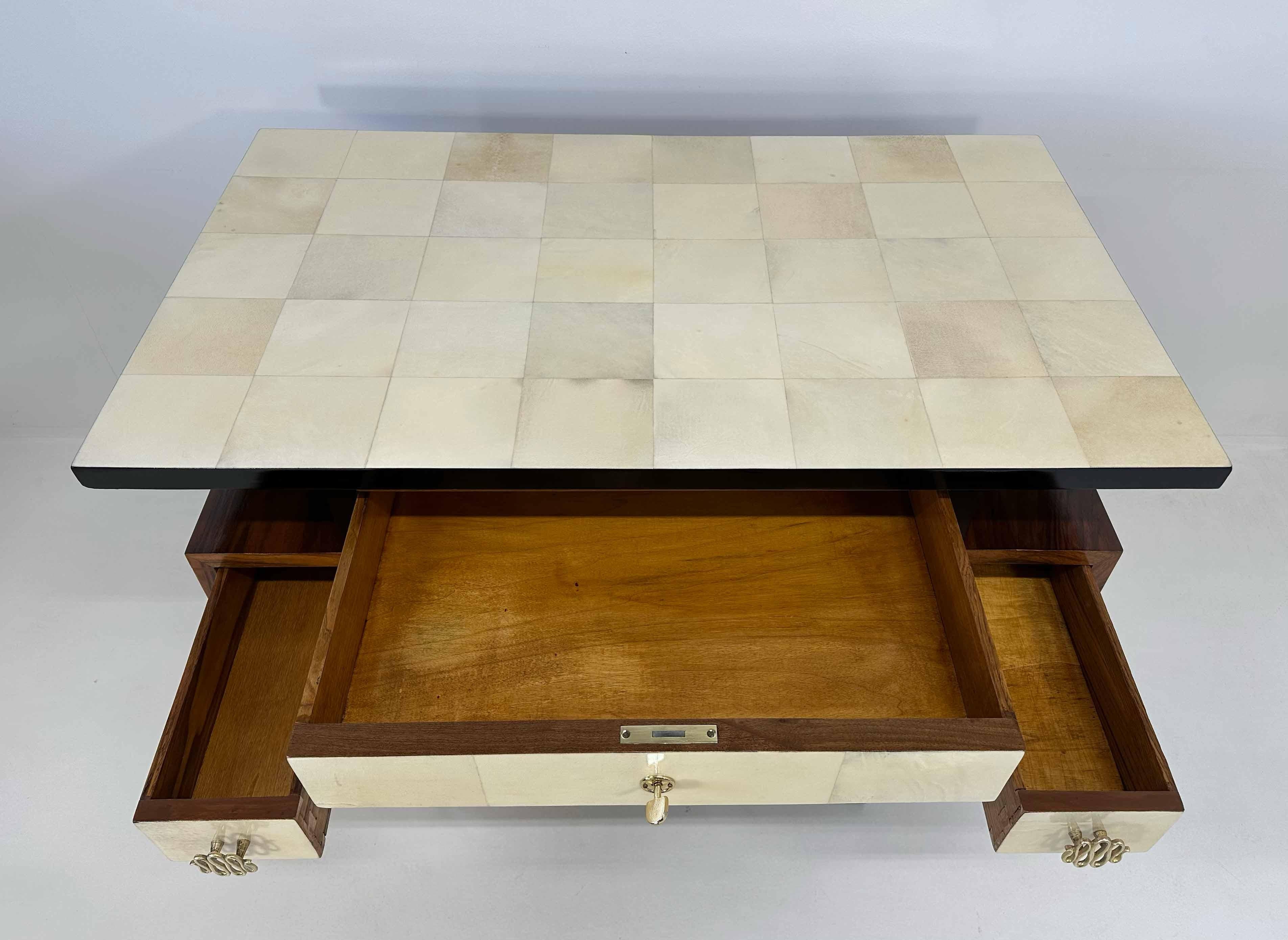 Italian Art Deco Parchment and Walnut Root Desk, 1940s 5