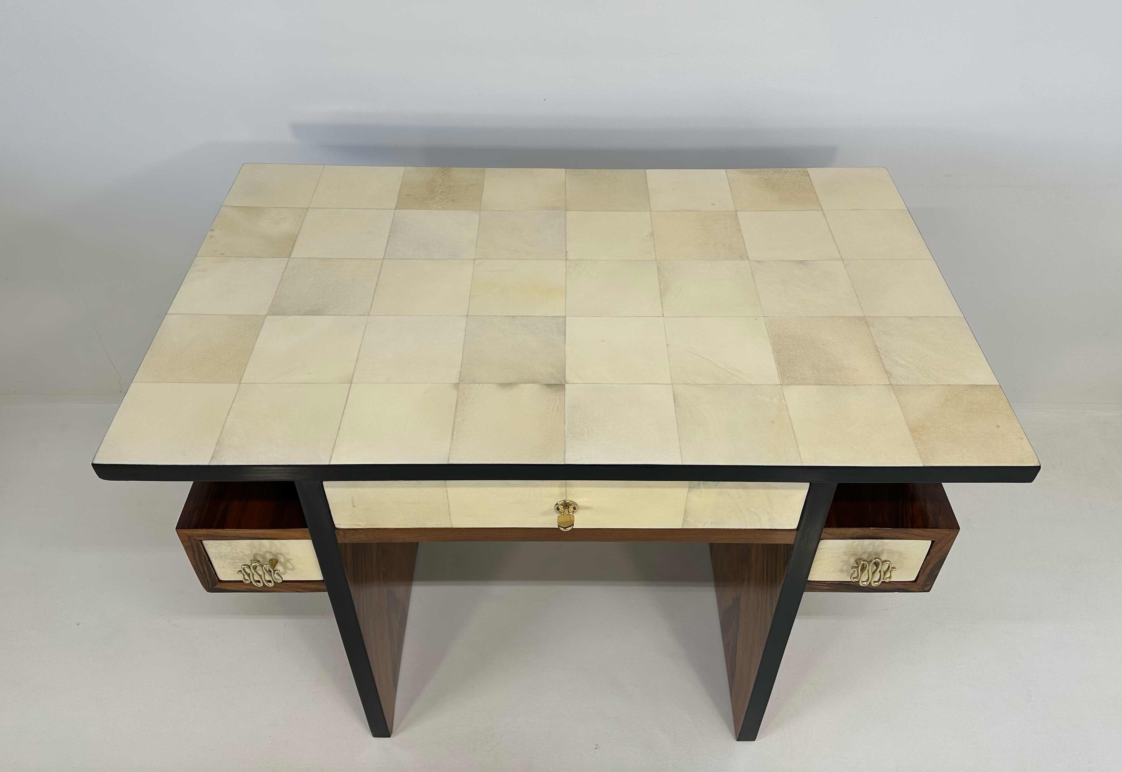 Mid-20th Century Italian Art Deco Parchment and Walnut Root Desk, 1940s
