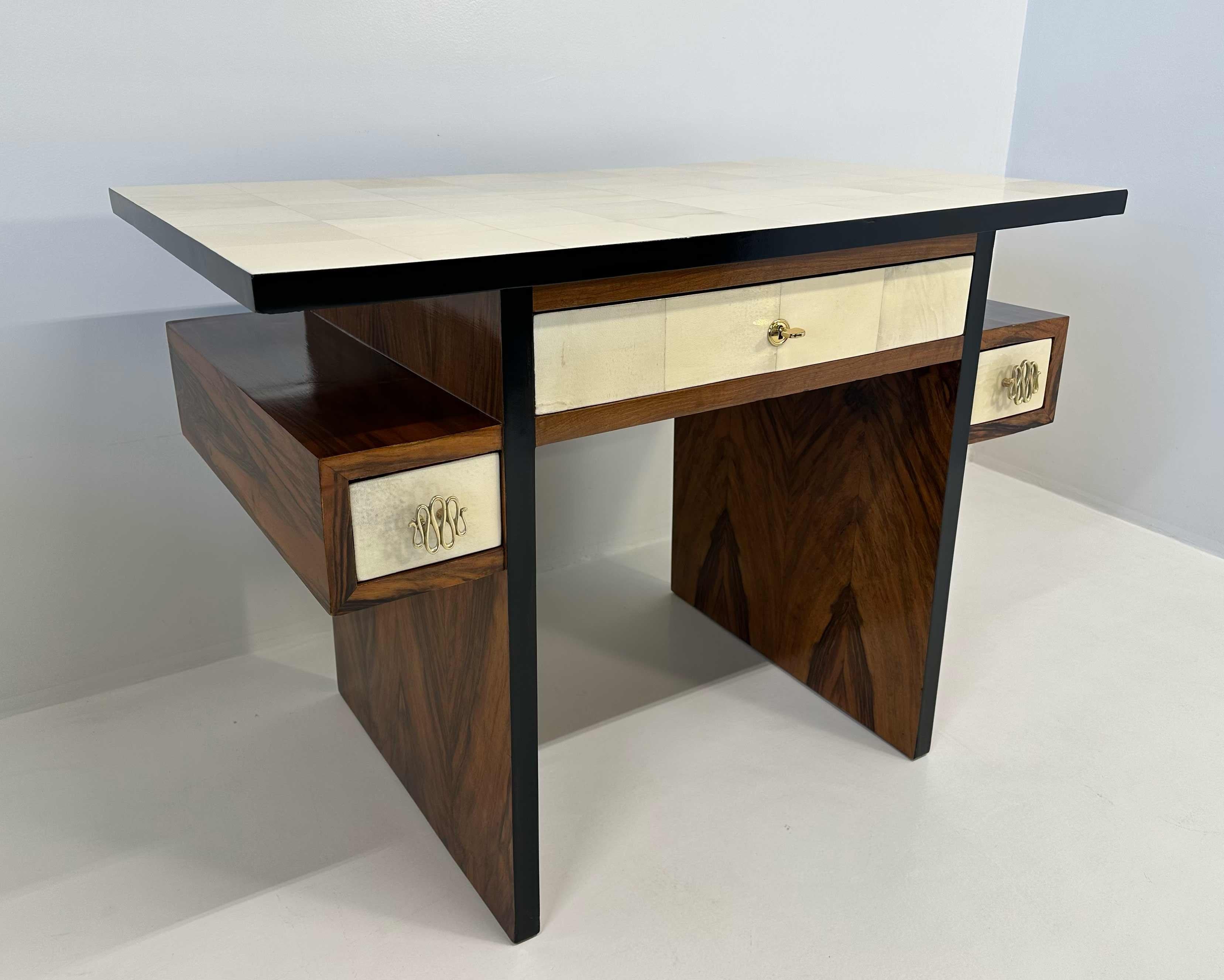 Brass Italian Art Deco Parchment and Walnut Root Desk, 1940s