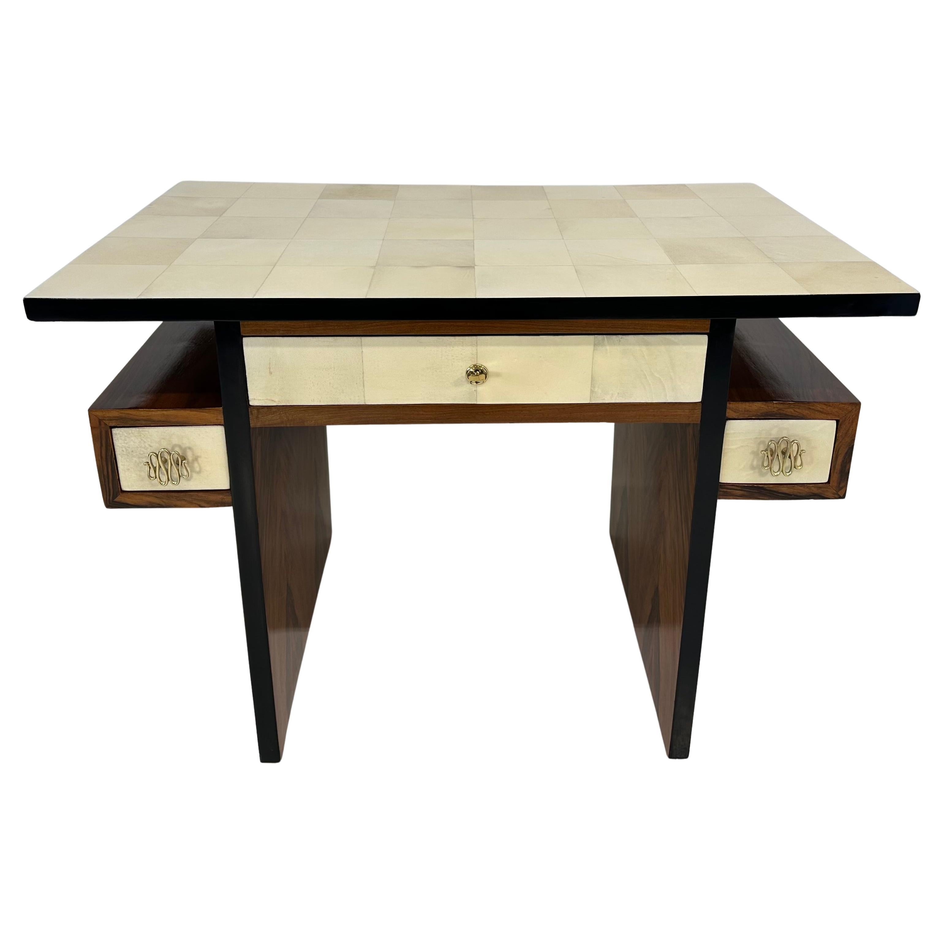 Italian Art Deco Parchment and Walnut Root Desk, 1940s