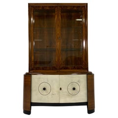 Italian Art Deco Parchment and Walnut Vitrine Bar or Display Cabinet, 1940s
