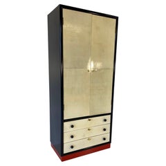 Italian Art Deco Parchment, Black and Red Lacquer Armoire, 1930s