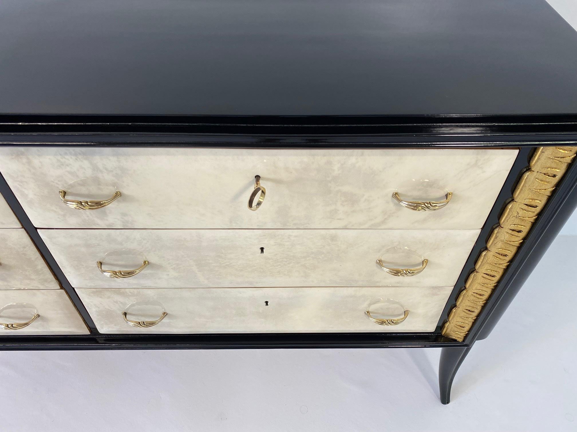 Italian Art Deco Parchment, Black Lacquer and Gold Leaf Dresser, 1940s 5