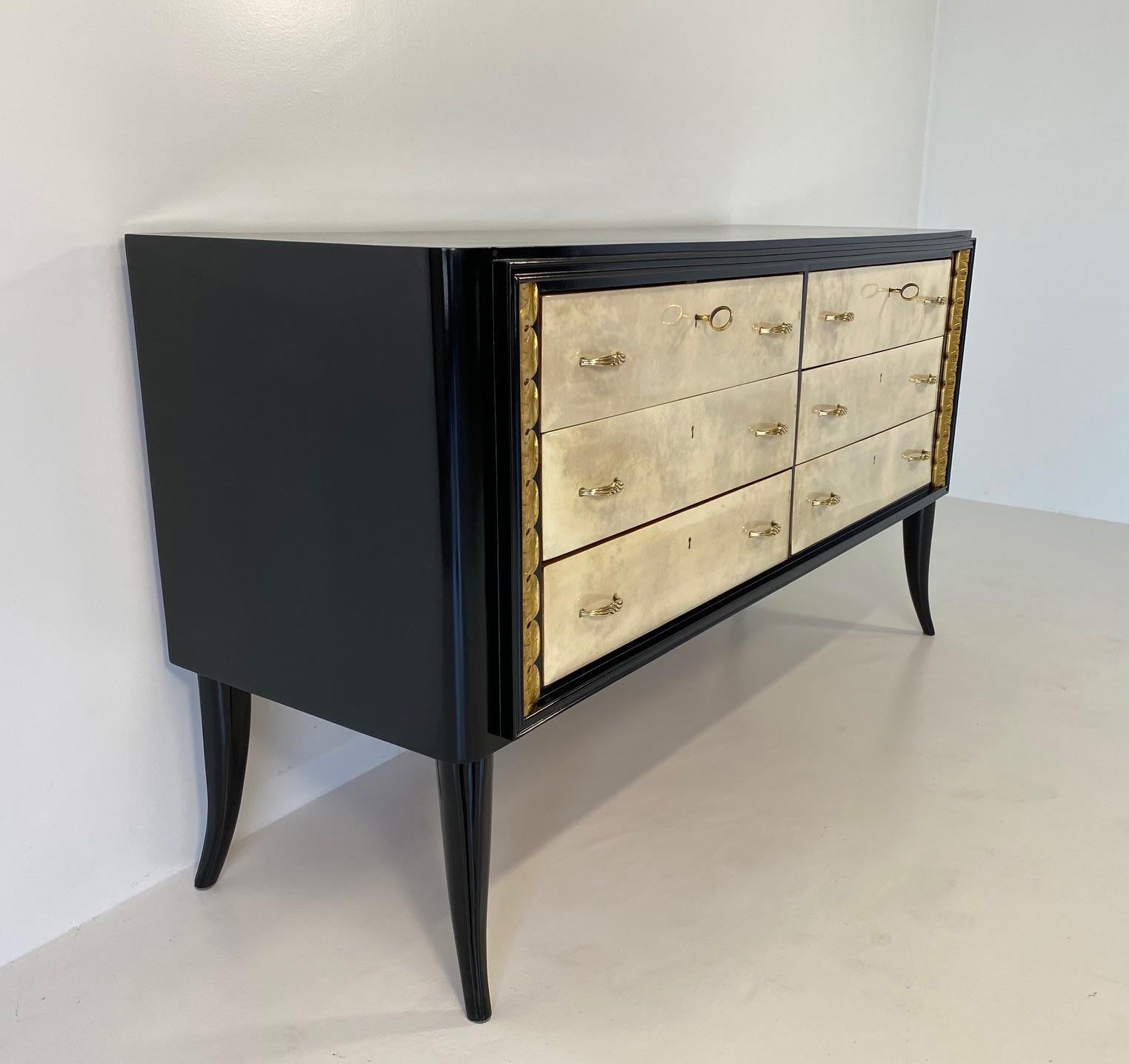 Mid-20th Century Italian Art Deco Parchment, Black Lacquer and Gold Leaf Dresser, 1940s