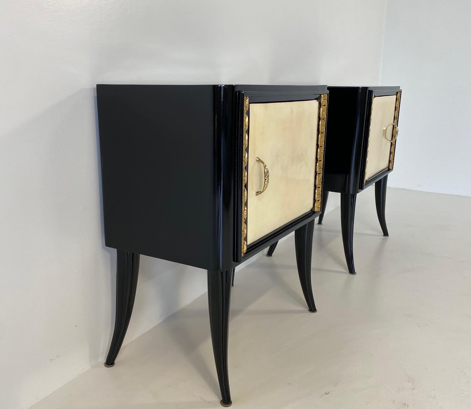 Brass Italian Art Deco Parchment, Black Lacquer and Gold Leaf Nightstands, 1940s