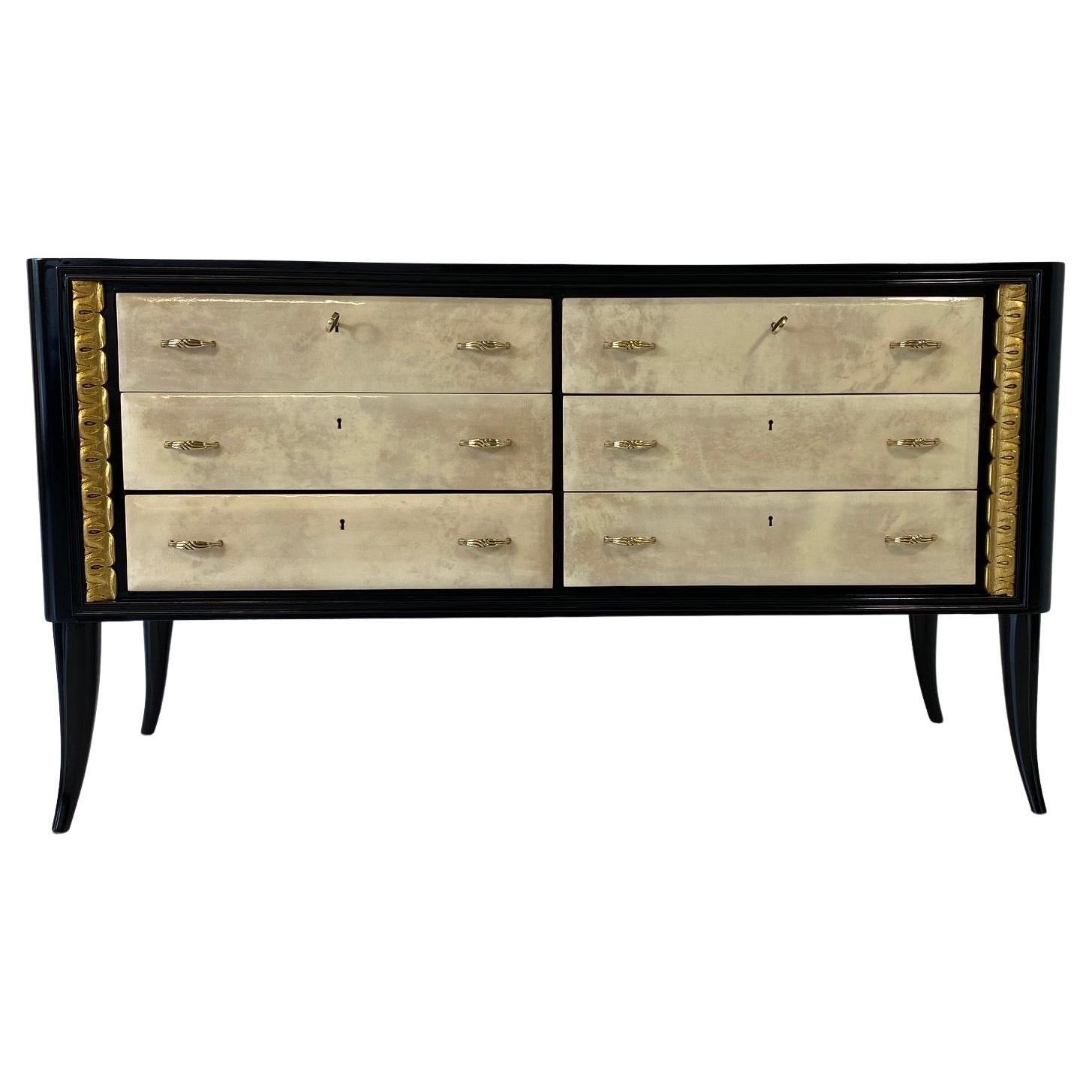 Italian Art Deco Parchment, Black Lacquer and Gold Leaf Dresser, 1940s