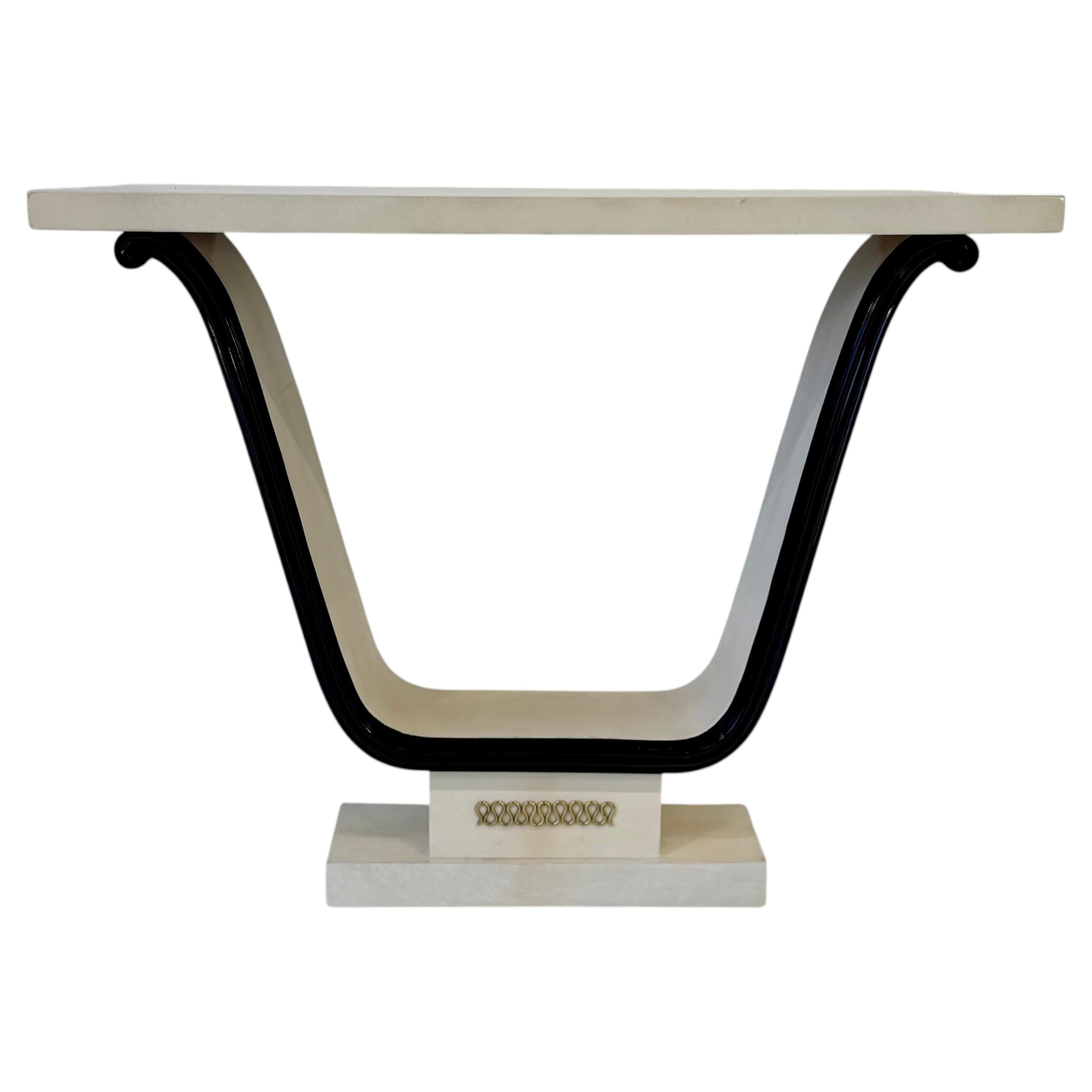 Italian Art Deco Parchment, Brass, Black Console, In the style of Borsani, 40s