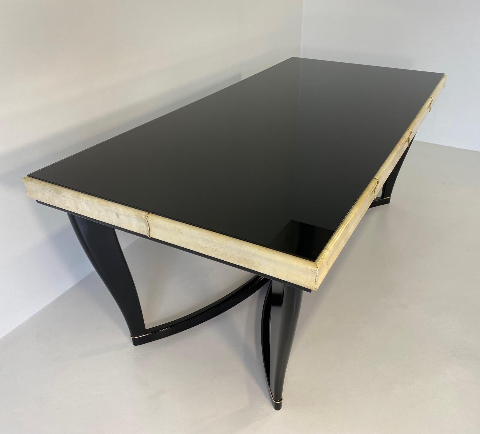Italian Art Deco Parchment, Brass, Black Lacquer and Glass Top, 1940s 8