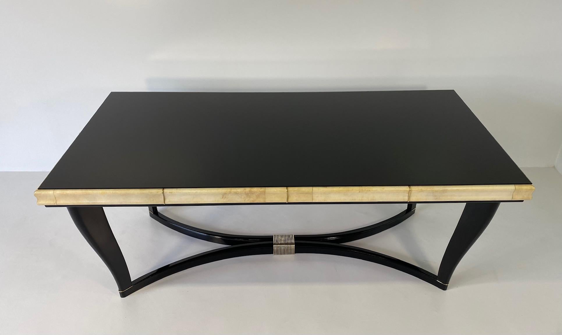 Mid-20th Century Italian Art Deco Parchment, Brass, Black Lacquer and Glass Top, 1940s