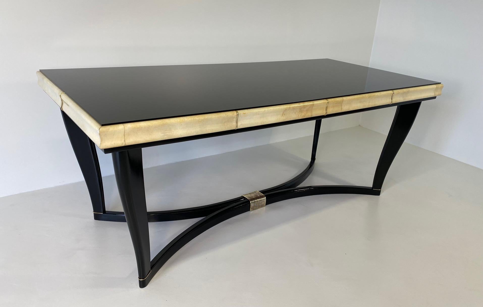 Italian Art Deco Parchment, Brass, Black Lacquer and Glass Top, 1940s 1