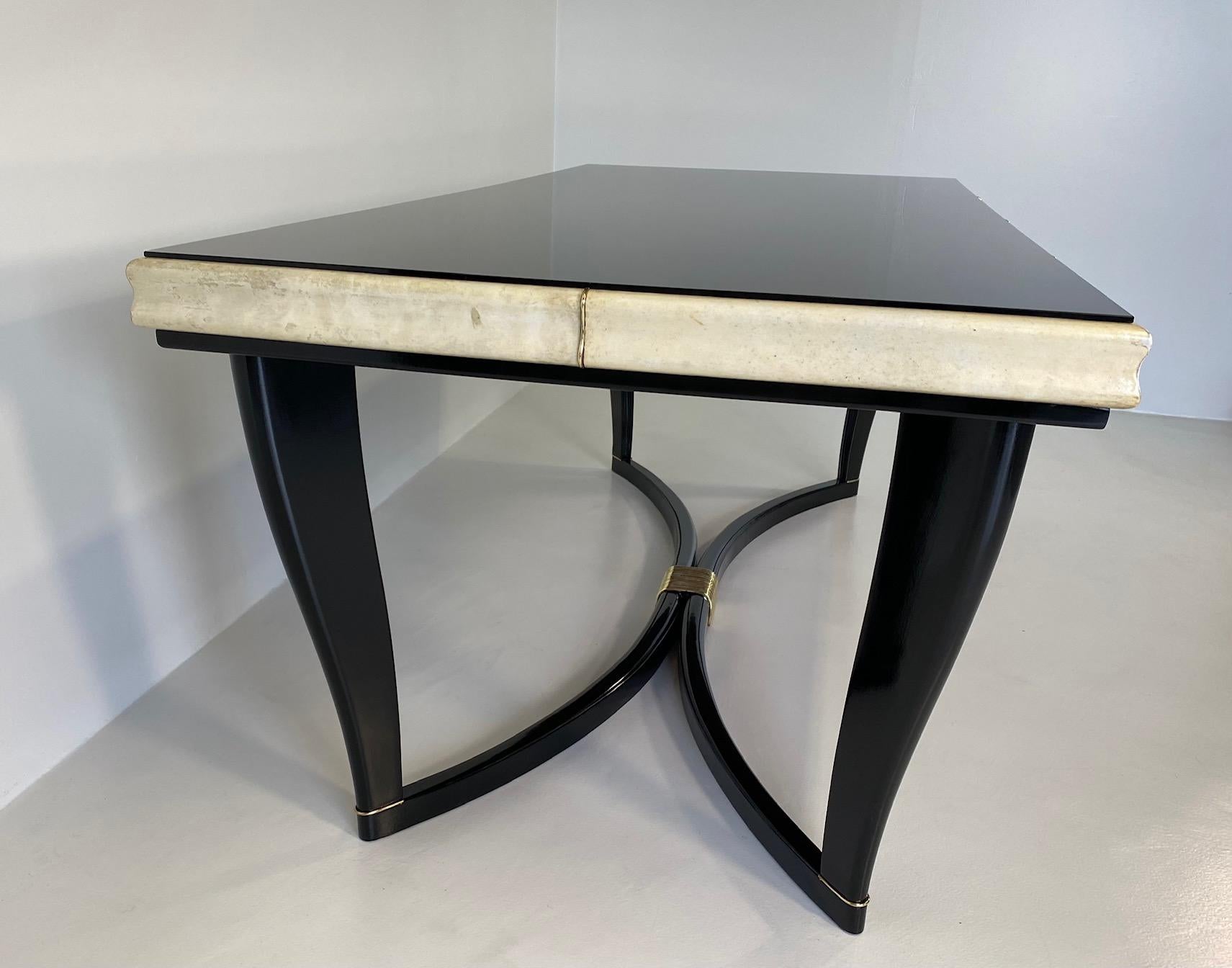 Italian Art Deco Parchment, Brass, Black Lacquer and Glass Top, 1940s 3