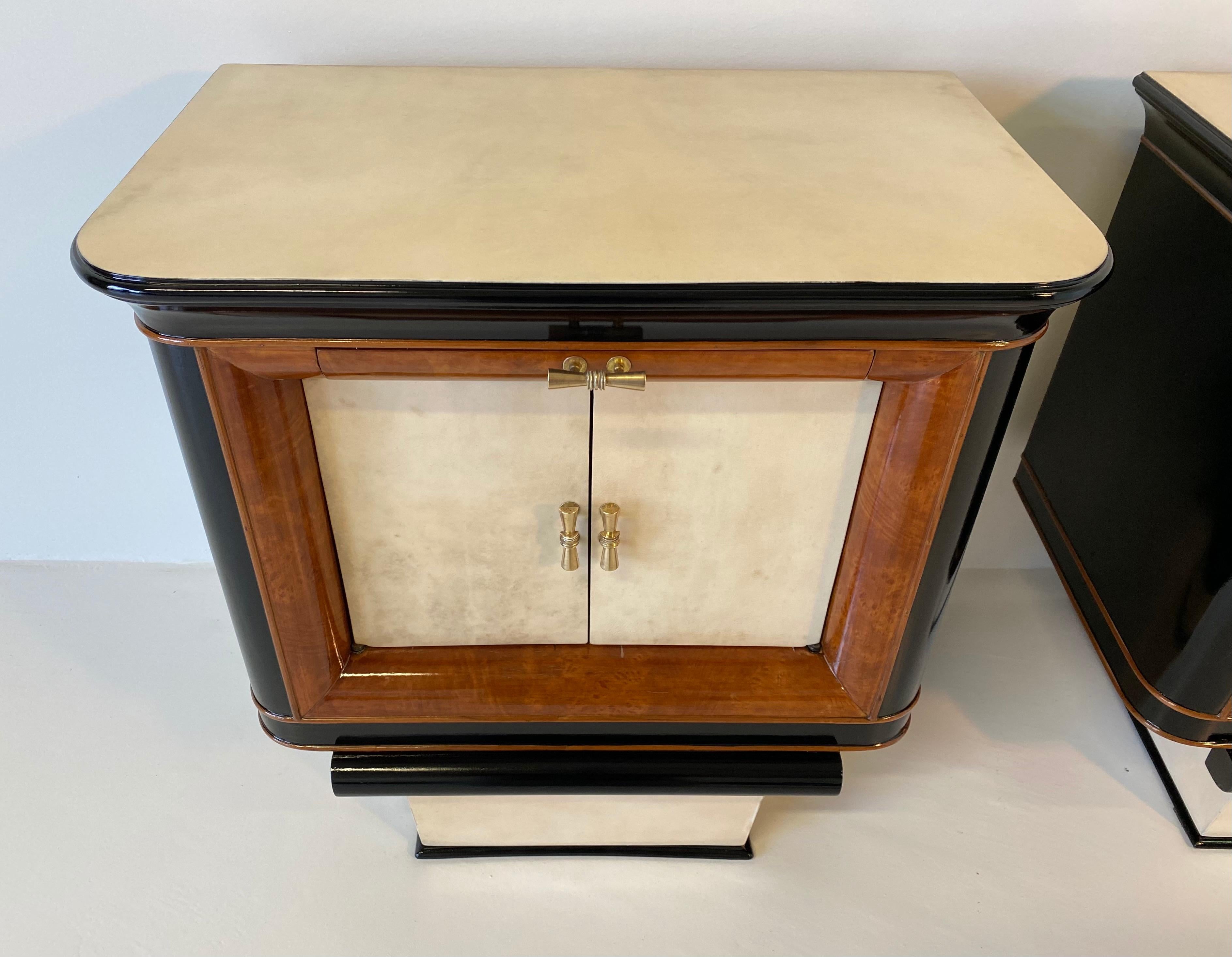 Brass Italian Art Deco Parchment, Briar of Myrtle and Black Nightstands, 1930s