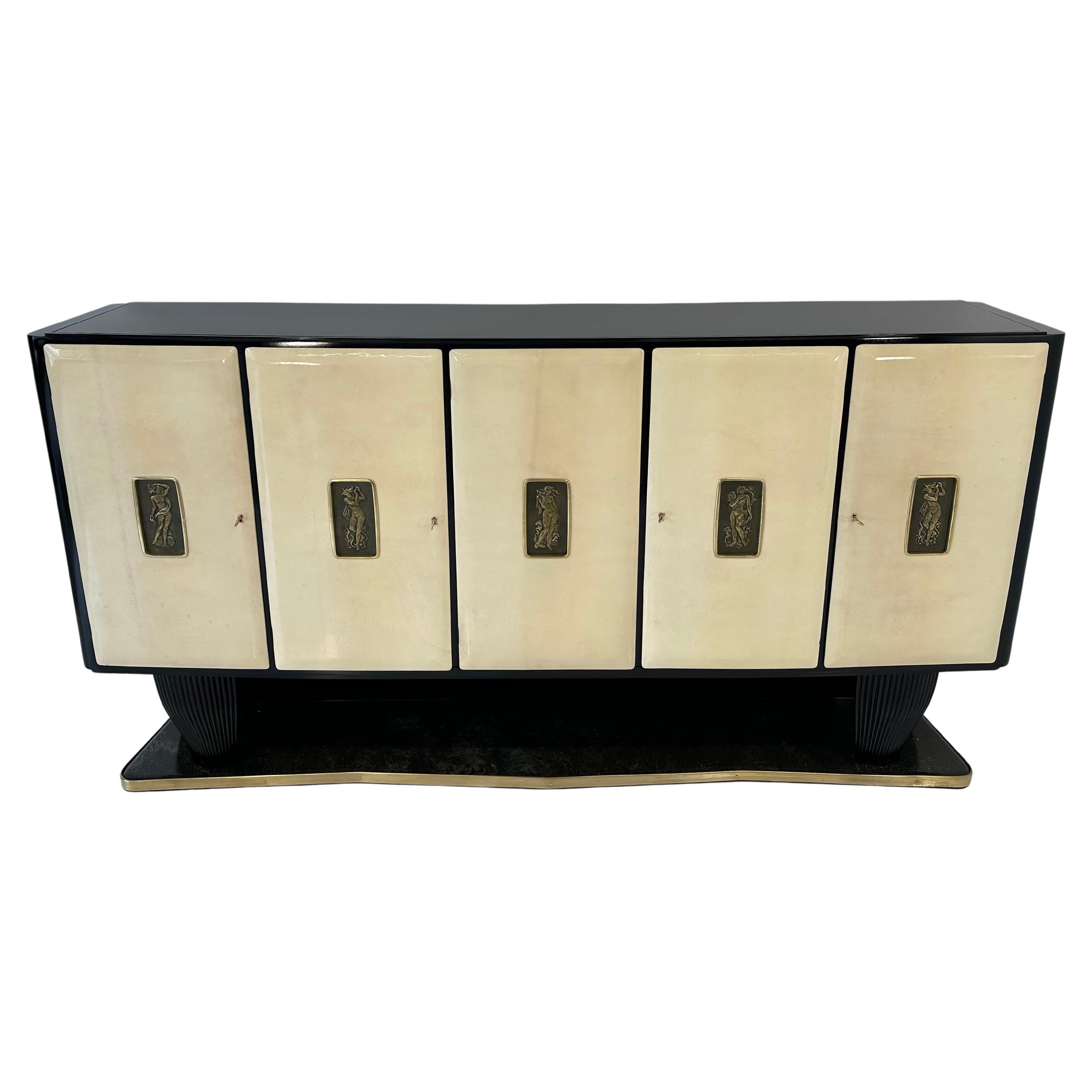 Italian Art Deco Parchment, Bronze and Black Sideboard By V. Dassi, 1940s