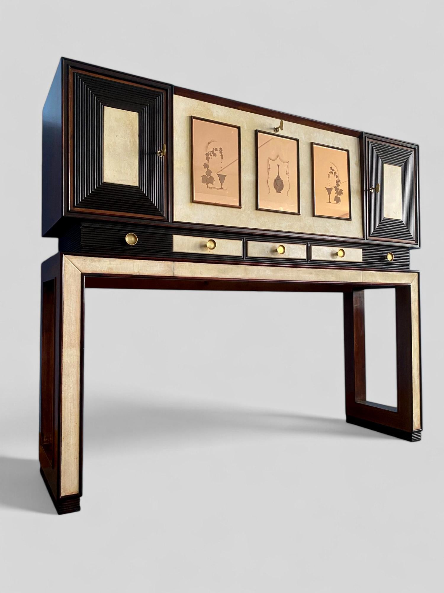 Italienische Pergamentschrank-Bar im Art déco-Stil, Osvaldo Borsani zugeschrieben, 1940er Jahre (Messing) im Angebot