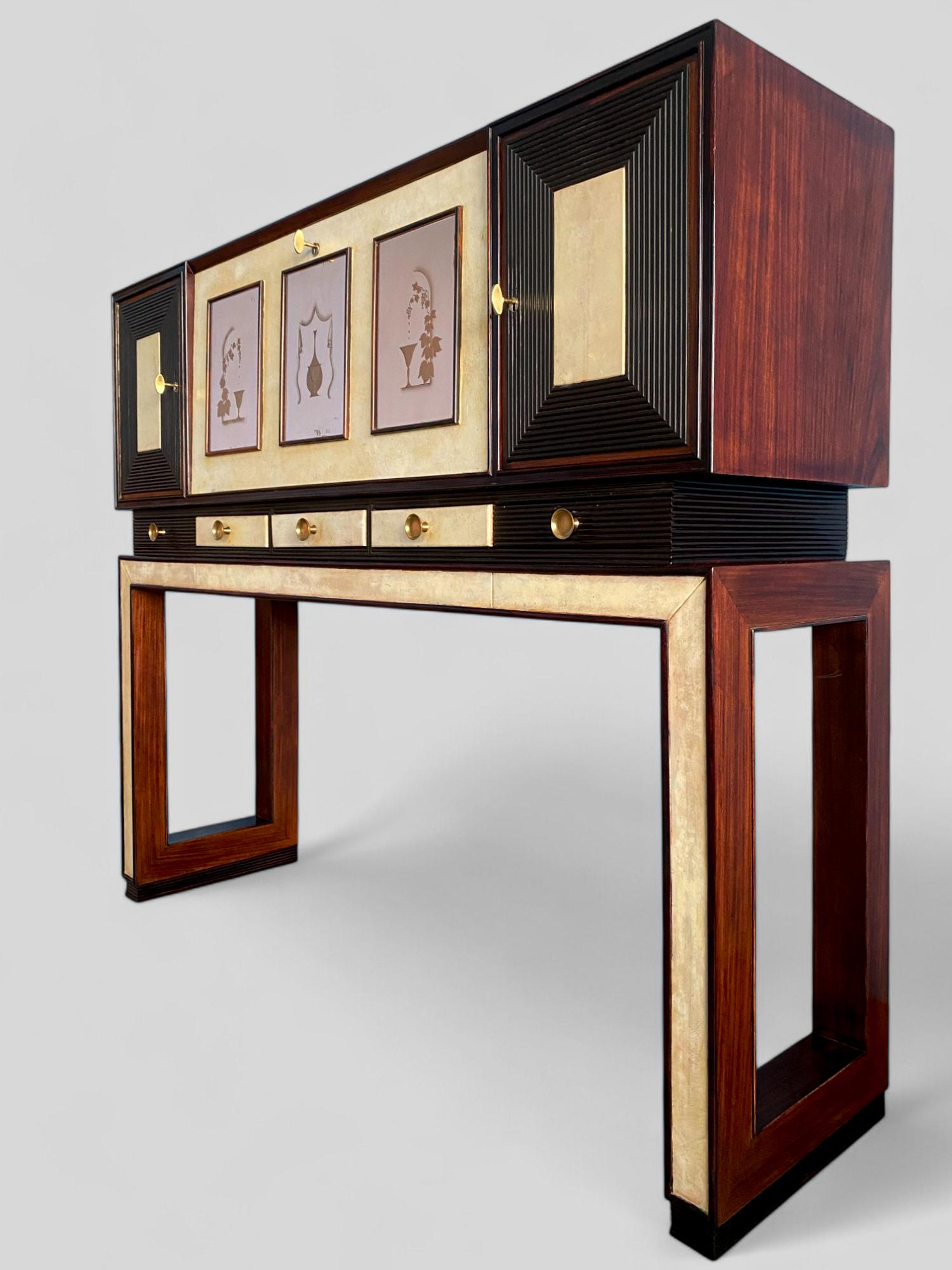 Italienische Pergamentschrank-Bar im Art déco-Stil, Osvaldo Borsani zugeschrieben, 1940er Jahre im Angebot 1