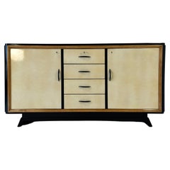 Italian Art Deco Parchment, Maple and Black Lacquer Sideboard, 1940s