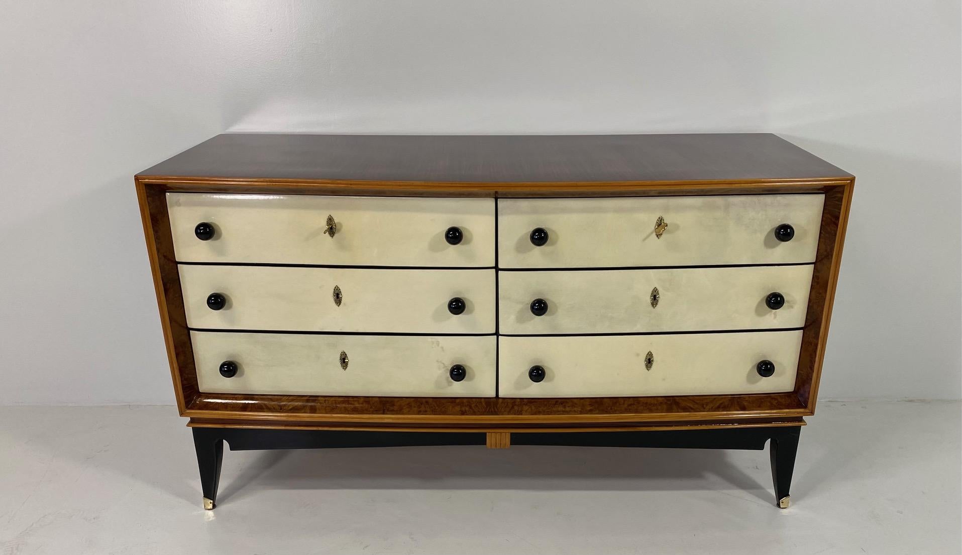 Italian Art Deco Parchment, Maple and Walnut Briar Dresser, 1940s 1