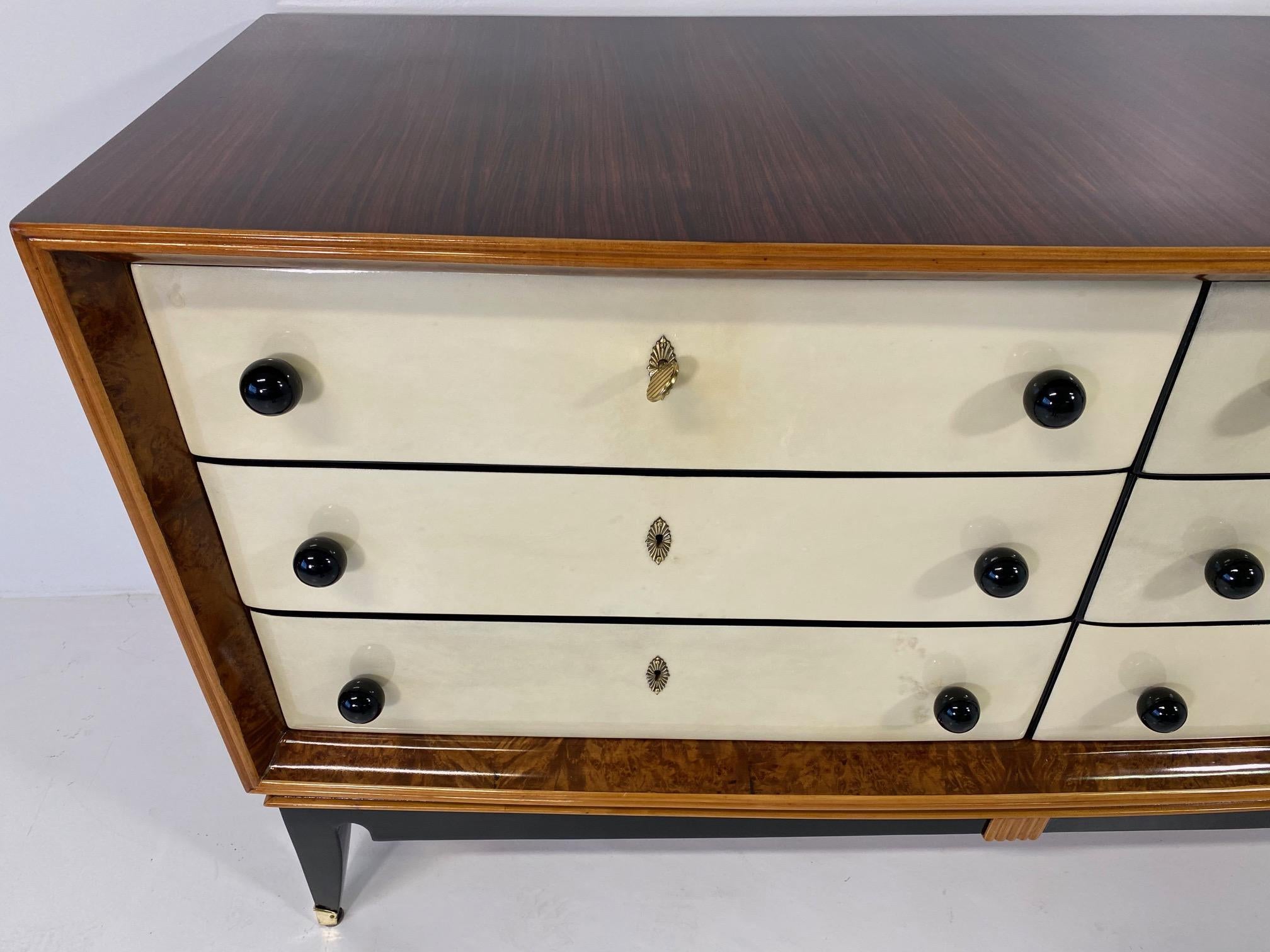 Italian Art Deco Parchment, Maple and Walnut Briar Dresser, 1940s 3