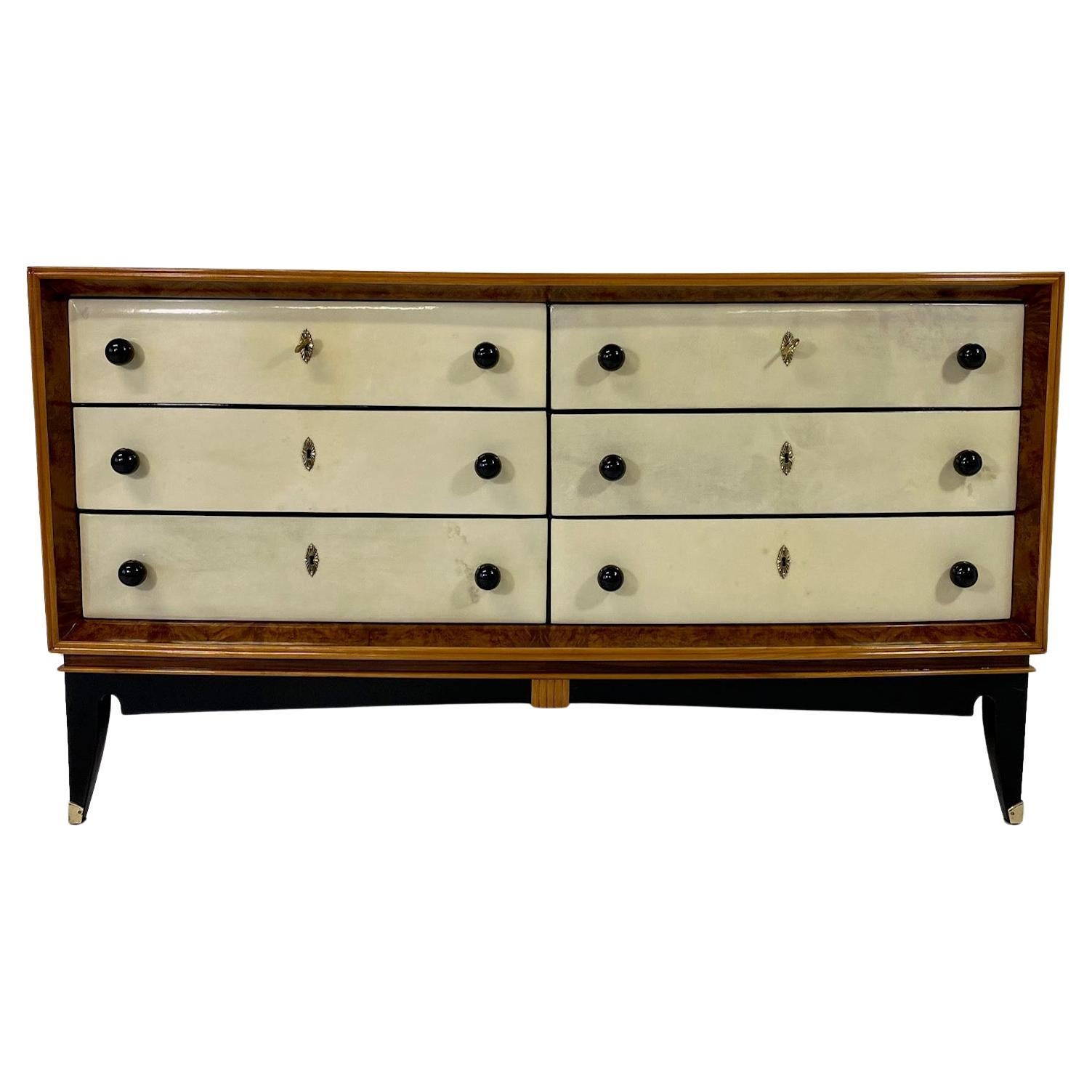 Italian Art Deco Parchment, Maple and Walnut Briar Dresser, 1940s