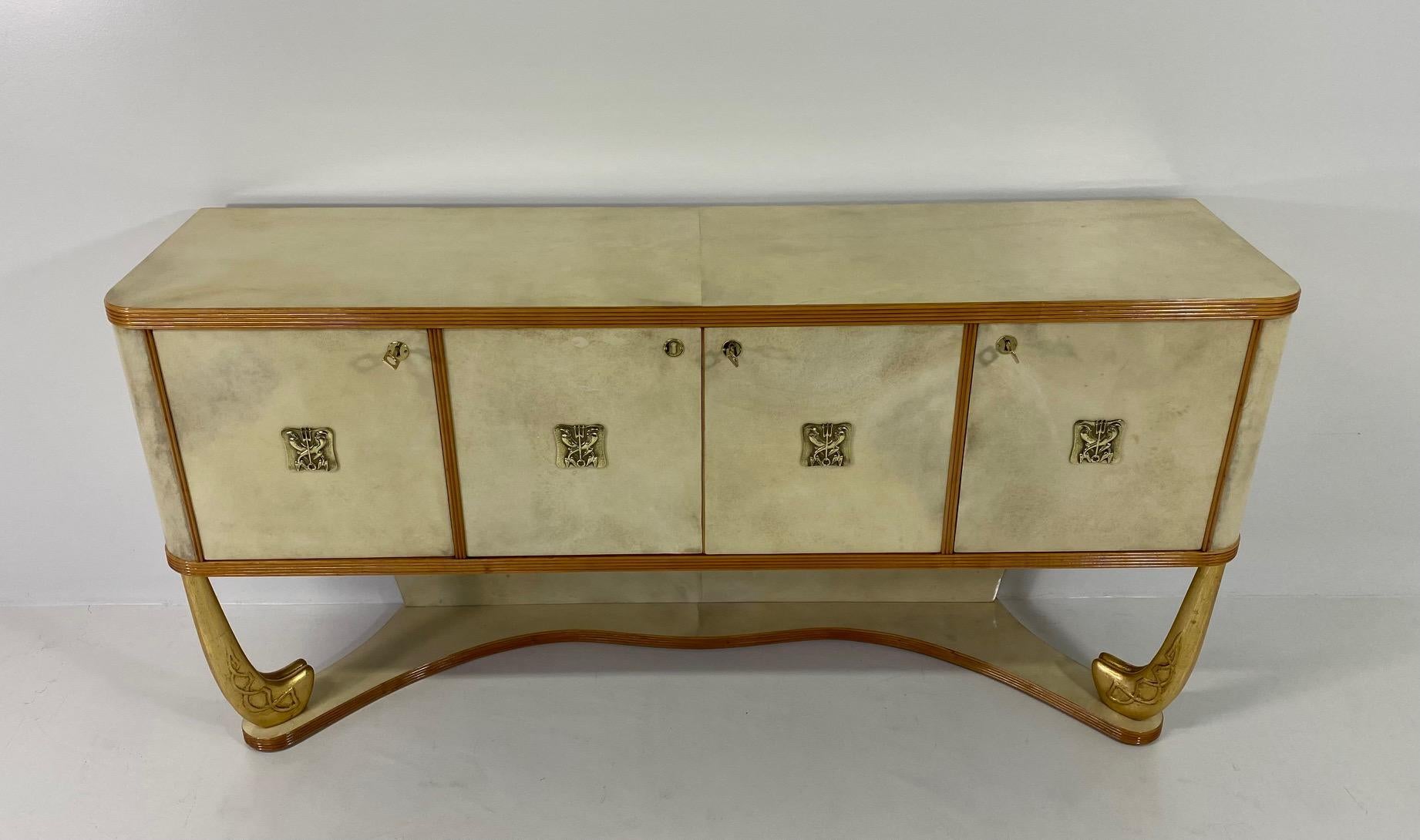 Mid-20th Century Italian Art Deco Parchment, Maple, Gold and Brass Sideboard, Attr. to Colli, 30s For Sale