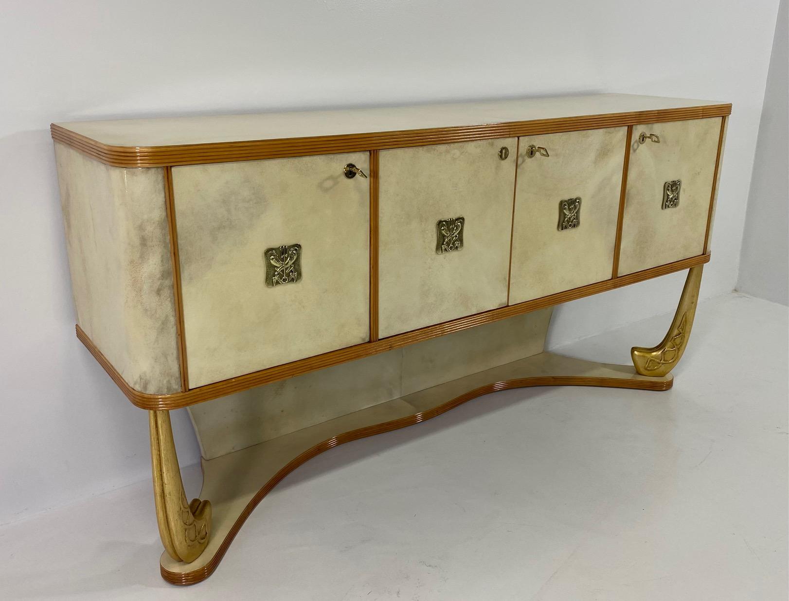 Italian Art Deco Parchment, Maple, Gold and Brass Sideboard, Attr. to Colli, 30s For Sale 1